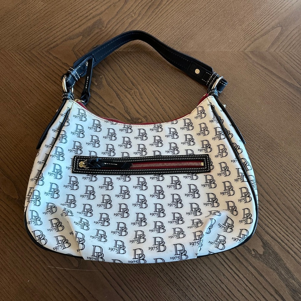 Dooney & Bourke 1975 Monogram White Coated Canvas Hobo Shoulder Bag Black Trim